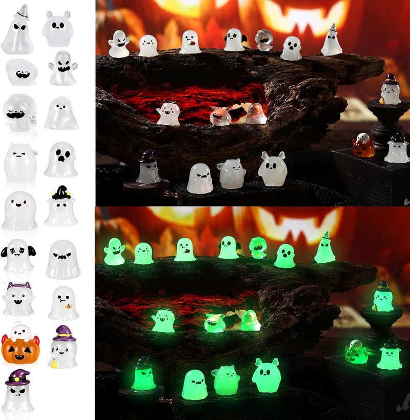 Arrowbash 40 Pcs Glow in Dark Ghost Halloween Miniature Figurines Resin Ornaments Halloween Garden Mini Landscape for Party Village Crafts Decor - Image 1